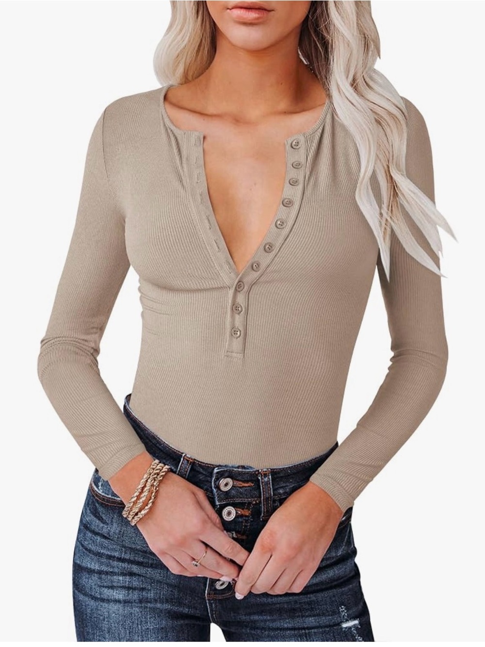 Long-Sleeve Button Henley Top in Beige